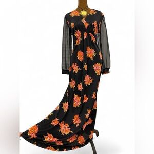 Vintage 70s Cottagecore Feminine Romantic Romance Floral Maxi Dress Sheer Sleeve